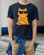 Cool Cat Wearing Sunglasses Funny Attitude Cartoon Tshirt - model wearing navy tee with hands in pockets