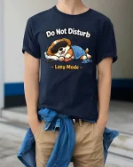 Do Not Disturb Lazy Mode Funny Sleeping Dog Cartoon Tshirt - model wearing navy tee with hands in pockets