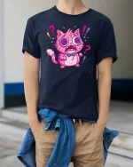 Funny Hypnotized Cat Cartoon Confused Cute Graphic Tshirt - model wearing navy tee with hands in pockets