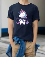 Cute Unicorn Soldier Gun Funny Graphic Tshirt Soft Feel - model wearing navy tee with hands in pockets