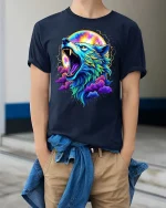 Colorful Cosmic Wolf Howling Galaxy Fantasy Art Tshirt - model wearing navy tee with hands in pockets