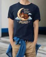 Rest Your Mind Sleeping Cat Moon Cute Relax Quote Tshirt - model wearing navy tee with hands in pockets