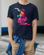 Trippy Frog Mushroom Psychedelic Weird Cartoon Art Tshirt - model wearing navy tee with hands in pockets