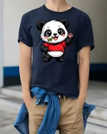 Cute Panda Eating Bamboo Cartoon Kawaii Animal Tshirt - model wearing navy tee with hands in pockets