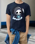 Cute Grim Reaper Cartoon Lantern Cloud Funny Goth Tshirt - model wearing navy tee with hands in pockets
