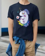 Funny Silly Unicorn Cartoon Rainbow Weird Cute Tshirt - model wearing navy tee with hands in pockets