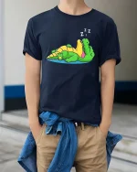 Funny Sleeping Crocodile Cartoon Lazy Relax Chill Tshirt - model wearing navy tee with hands in pockets