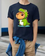 Cute Dinosaur Costume Cartoon Funny Animal Kawaii Tshirt - model wearing navy tee with hands in pockets