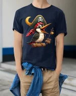 Funny Pirate Bird Cartoon Adventure Cute Graphic Tshirt - model wearing navy tee with hands in pockets