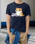 Funny Lazy Cat Working On Laptop Coffee Cartoon Tshirt - model wearing navy tee with hands in pockets
