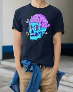 Trippy Skull With Lazy Cat Weird Surreal Cartoon Tshirt - model wearing navy tee with hands in pockets
