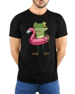 Funny Frog Flamingo Pool Float Cartoon Summer Tshirt Gift - model wearing black tee with hands behind back