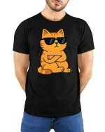 Cool Cat Wearing Sunglasses Funny Attitude Cartoon Tshirt - model wearing black tee with hands behind back