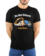 Do Not Disturb Lazy Mode Funny Sleeping Dog Cartoon Tshirt - model wearing black tee with hands behind back