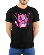 Funny Hypnotized Cat Cartoon Confused Cute Graphic Tshirt - model wearing black tee with hands behind back