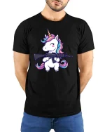 Cute Unicorn Soldier Gun Funny Graphic Tshirt Soft Feel - model wearing black tee with hands behind back