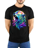 Colorful Cosmic Wolf Howling Galaxy Fantasy Art Tshirt - model wearing black tee with hands behind back