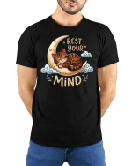 Rest Your Mind Sleeping Cat Moon Cute Relax Quote Tshirt - model wearing black tee with hands behind back