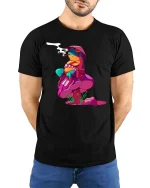 Trippy Frog Mushroom Psychedelic Weird Cartoon Art Tshirt - model wearing black tee with hands behind back