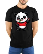 Cute Panda Eating Bamboo Cartoon Kawaii Animal Tshirt - model wearing black tee with hands behind back