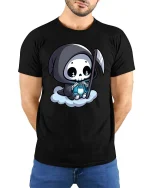 Cute Grim Reaper Cartoon Lantern Cloud Funny Goth Tshirt - model wearing black tee with hands behind back