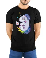 Funny Silly Unicorn Cartoon Rainbow Weird Cute Tshirt - model wearing black tee with hands behind back