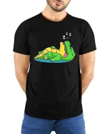 Funny Sleeping Crocodile Cartoon Lazy Relax Chill Tshirt - model wearing black tee with hands behind back