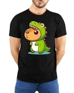 Cute Dinosaur Costume Cartoon Funny Animal Kawaii Tshirt - model wearing black tee with hands behind back
