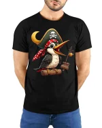 Funny Pirate Bird Cartoon Adventure Cute Graphic Tshirt - model wearing black tee with hands behind back