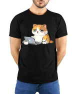 Funny Lazy Cat Working On Laptop Coffee Cartoon Tshirt - model wearing black tee with hands behind back
