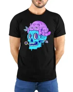 Trippy Skull With Lazy Cat Weird Surreal Cartoon Tshirt - model wearing black tee with hands behind back