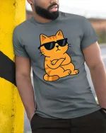 Cool Cat Wearing Sunglasses Funny Attitude Cartoon Tshirt - model wearing grey tee, leaning on column