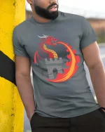 Fire Dragon Castle Fantasy Medieval Myth Graphic Tshirt - model wearing grey tee, leaning on column