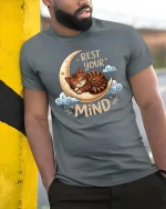 Rest Your Mind Sleeping Cat Moon Cute Relax Quote Tshirt - model wearing grey tee, leaning on column