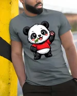 Cute Panda Eating Bamboo Cartoon Kawaii Animal Tshirt - model wearing grey tee, leaning on column
