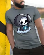 Cute Grim Reaper Cartoon Lantern Cloud Funny Goth Tshirt - model wearing grey tee, leaning on column
