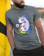 Funny Silly Unicorn Cartoon Rainbow Weird Cute Tshirt - model wearing grey tee, leaning on column