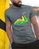 Funny Sleeping Crocodile Cartoon Lazy Relax Chill Tshirt - model wearing grey tee, leaning on column