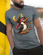 Funny Pirate Bird Cartoon Adventure Cute Graphic Tshirt - model wearing grey tee, leaning on column