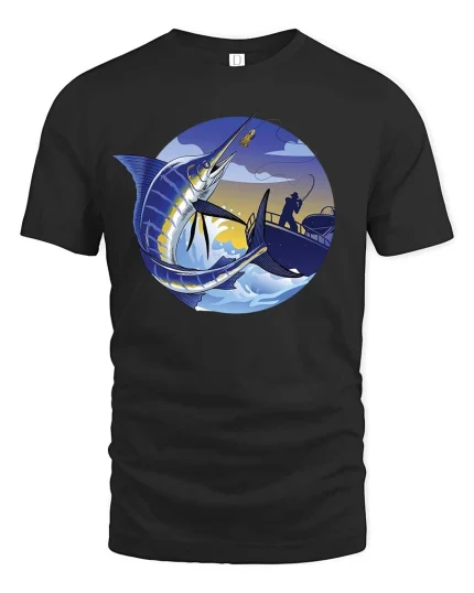Marlin Fishing Sunset Graphic t-shirt Deep Sea Angler Tee - black t-shirt on white background