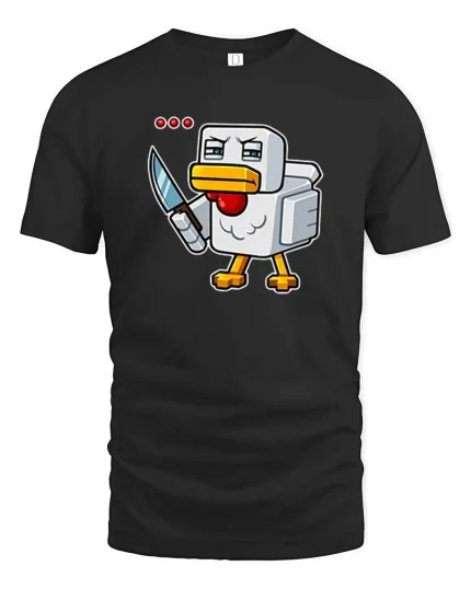 Angry Pixel Chicken Knife Graphic t-shirt Gamer Humor Tee - black t-shirt on white background