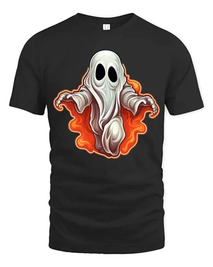 Spooky Cute Ghost Flame Graphic t-shirt Funny Halloween Tee - black t-shirt on white background