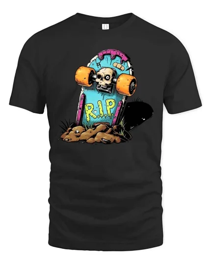 Skateboard RIP Skull Graphic t-shirt Funny Skate Punk Tee - black t-shirt on white background