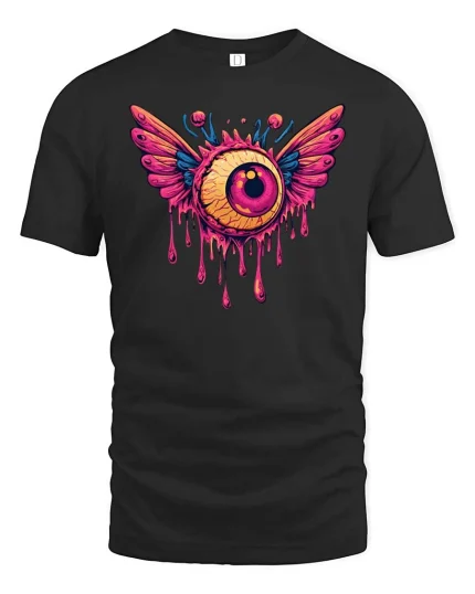 Flying Eyeball Drip Graphic t-shirt Surreal Art Punk Tee - black t-shirt on white background