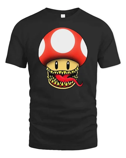 Funny Monster Mushroom Graphic t-shirt Gamer Style Tee - black t-shirt on white background