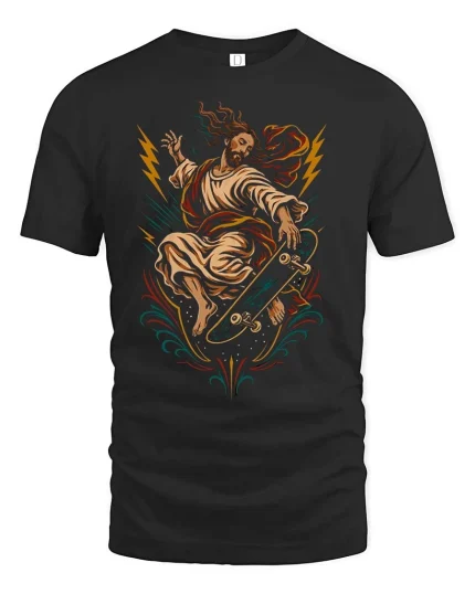 Skater Jesus Lightning Graphic t-shirt Religious Skate Tee - black t-shirt on white background