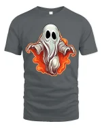 Spooky Cute Ghost Flame Graphic t-shirt Funny Halloween Tee - gray t-shirt on white background