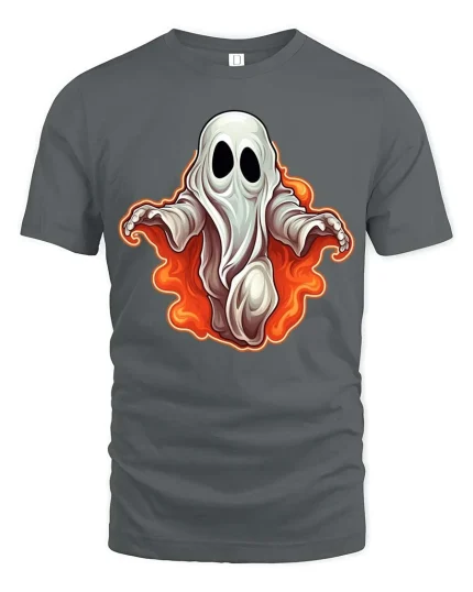 Spooky Cute Ghost Flame Graphic t-shirt Funny Halloween Tee - gray t-shirt on white background