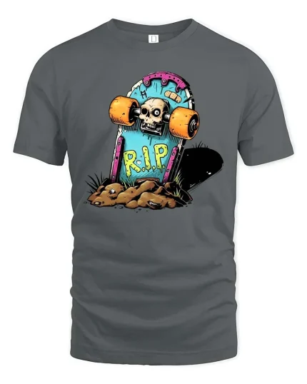 Skateboard RIP Skull Graphic t-shirt Funny Skate Punk Tee - gray t-shirt on white background