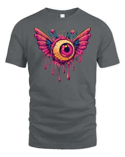 Flying Eyeball Drip Graphic t-shirt Surreal Art Punk Tee - gray t-shirt on white background